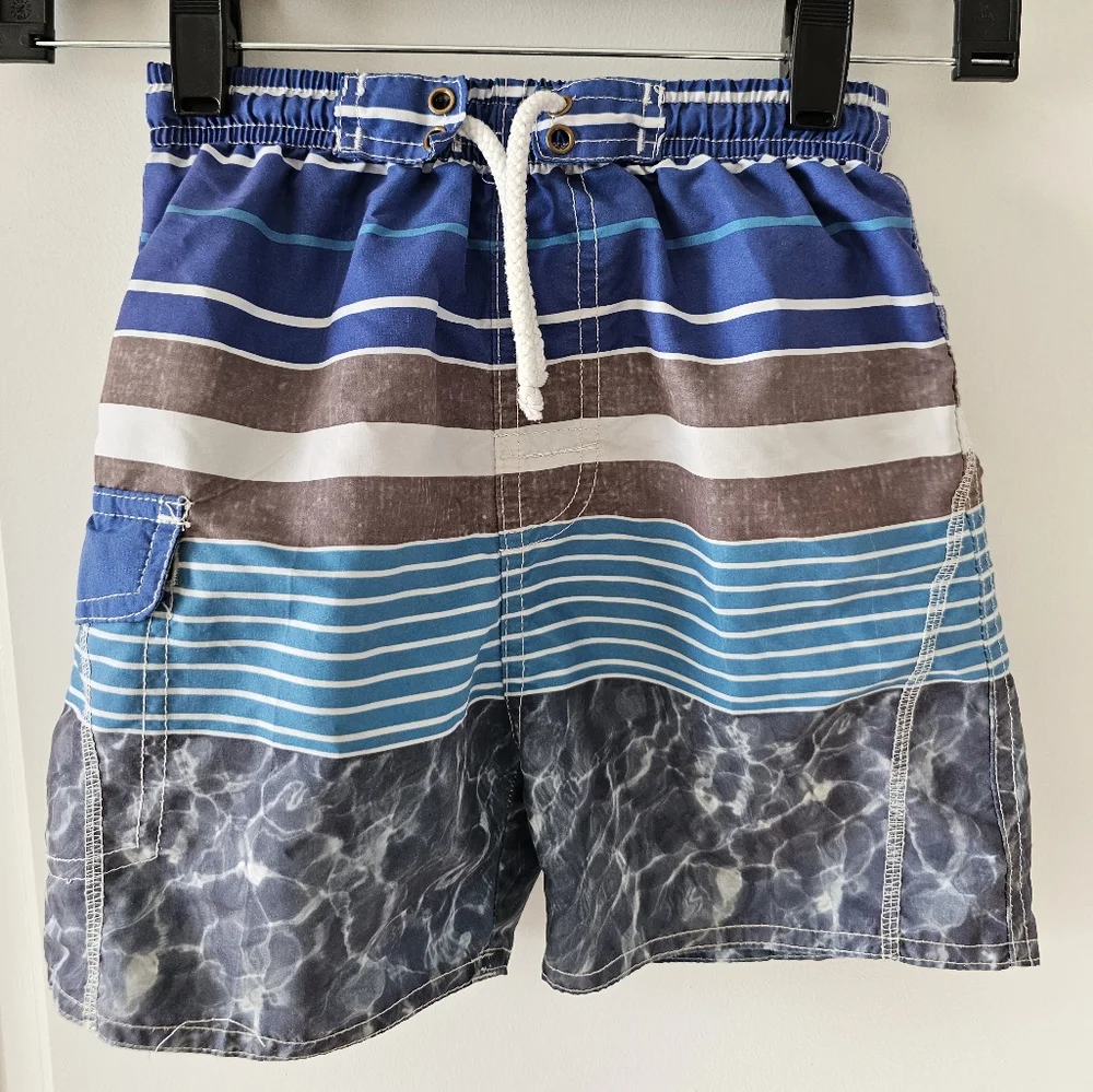 3T Quad Seven blue, gray and white swim trunks Vacation Spring Break beach shore